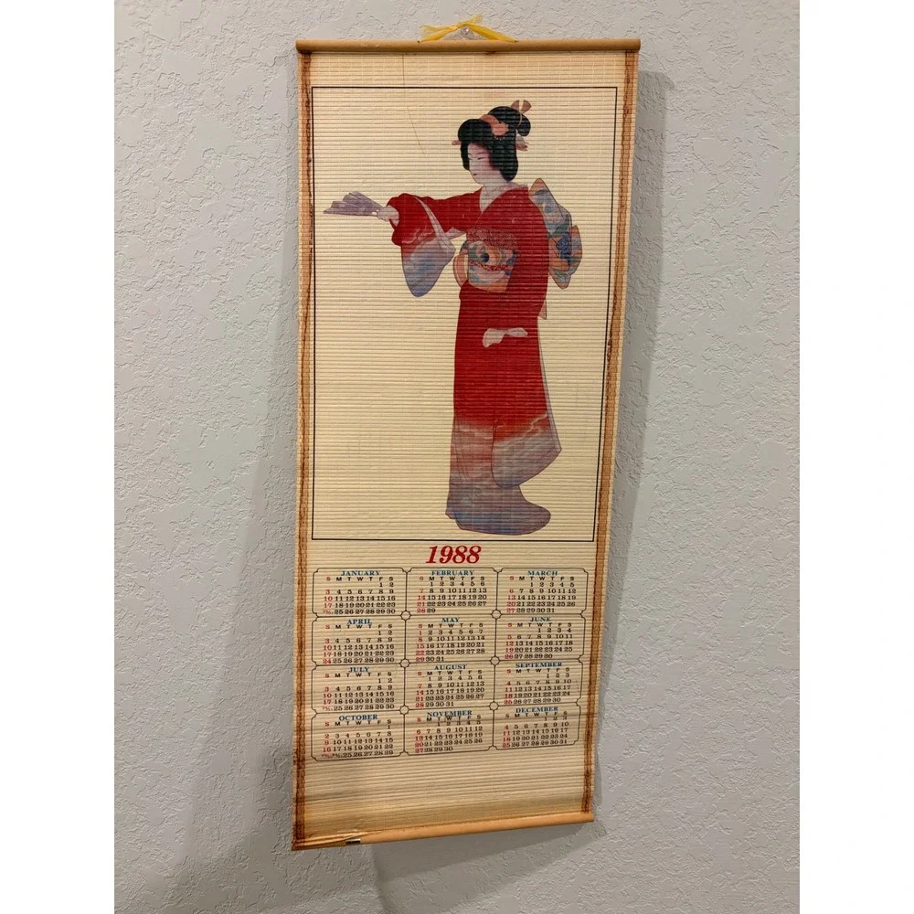 Vintage 1988 Japanese Bamboo Scroll Calendar Geisha Birds Double Sided Wall Art